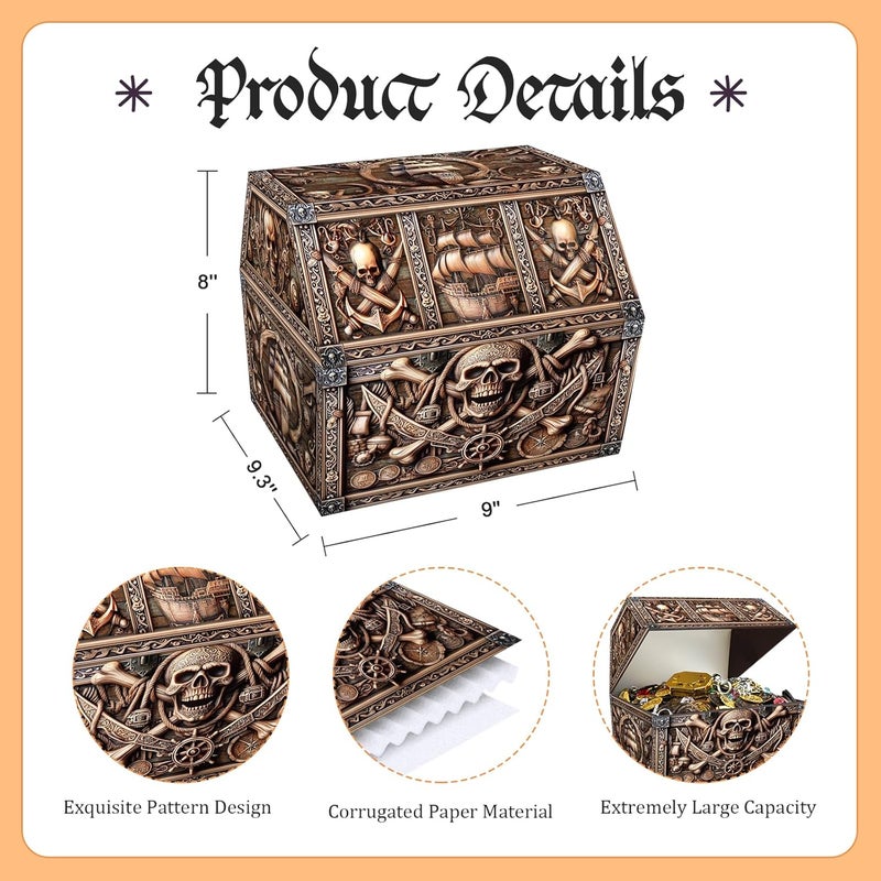 PETCEE Pirate Treasure Chest & Skull Box - Large 9"x 9.3"x 8" Cardboard Classroom Storage for Kids Prizes Reusable Treasure Chest for Classroom Rewards Pirate Party Decor Toys Keepsake Organizer - Image 3